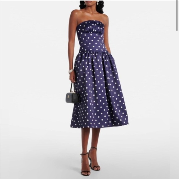 self-portrait Polka Dot Satin Midi Dress in Navy - Picture 2 of 14